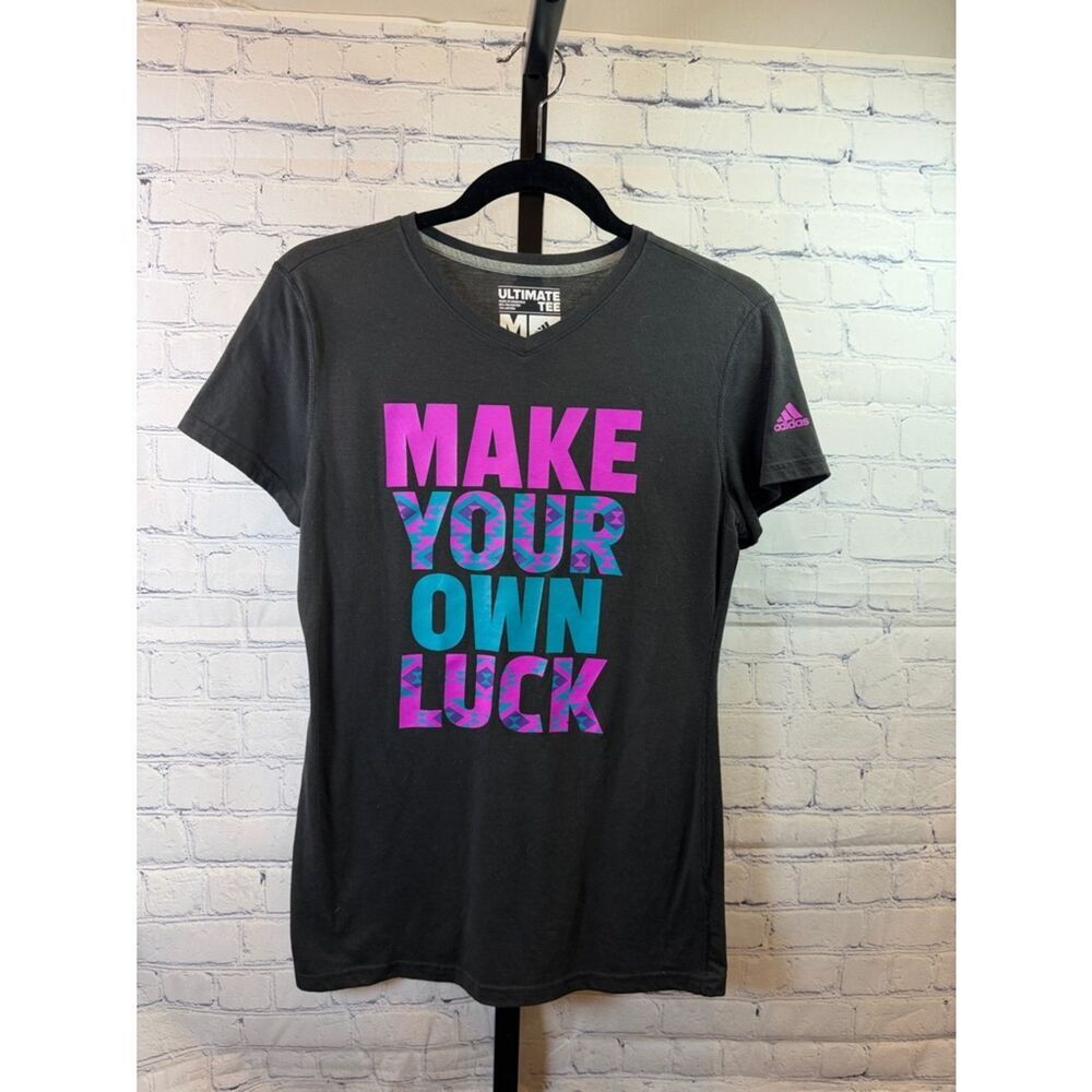 adidas Black Tee with Purple and Teal Bold Slogan